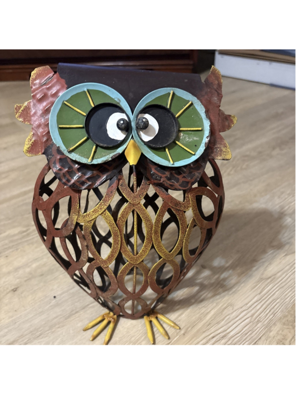 Whimsical 11” Metal Owl Garden Sculpture Statue Colorful Yard Decor (1184)